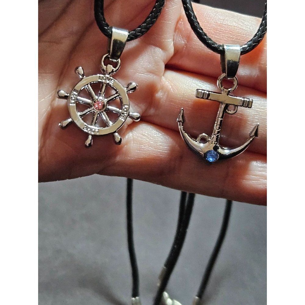Anchor and ships wheel love pendant necklace set